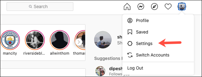 Instagram web sitesinde Ayarlar'ı ziyaret edin