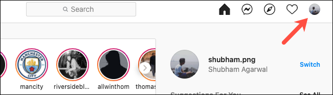 Instagram web sitesinde profil profili simgesine dokunun